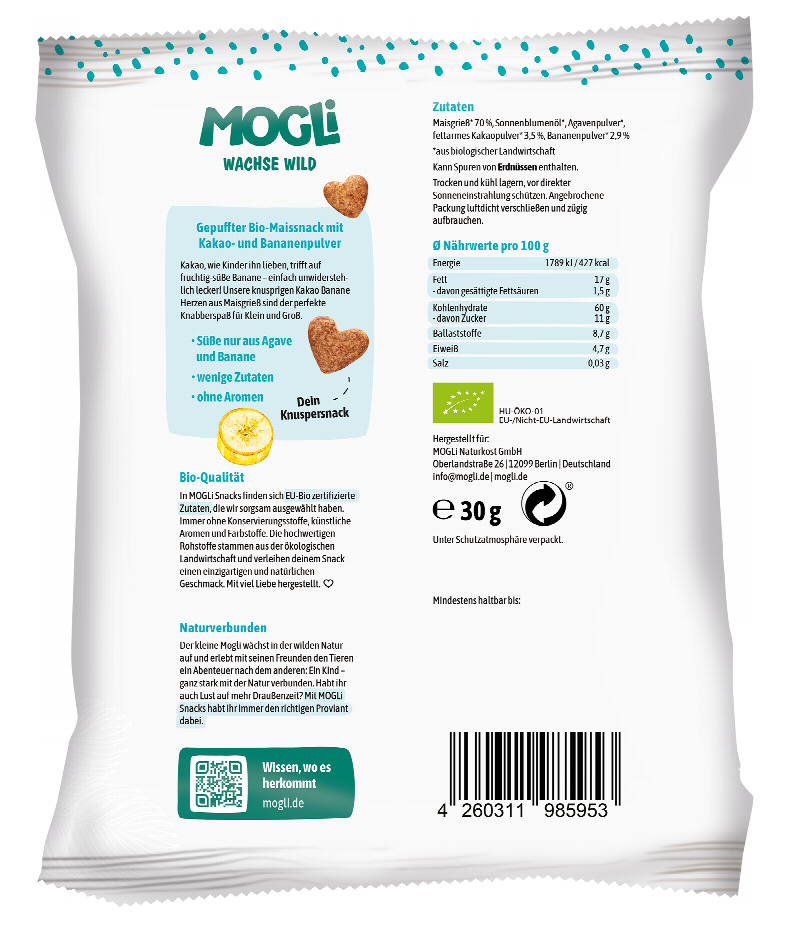 MOGLI Kakao Herzen Banane Btl 30 g